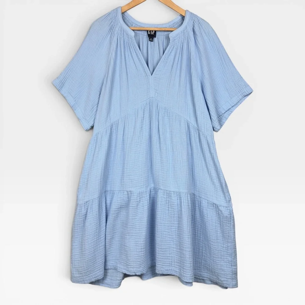 Gap Cotton Gauze Tiered Dress XL Light Blue Short Sleeve Mini V-Neck Coastal - Picture 1 of 9